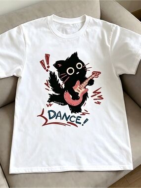 cat graphic tee with guitar design white Women Men T-shirt Unisex